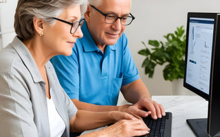 older man and woman sitting in front of a computer