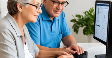 older man and woman sitting in front of a computer