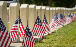 national cemetery with American flags in front of each headstone