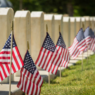 national cemetery with American flags in front of each headstone