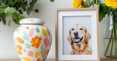 Floral decorated pet urn sits next to a framed photo of a golden retriever