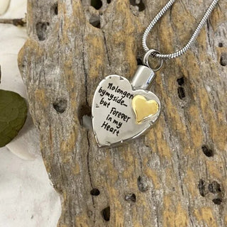 a cremation heart necklace that says "no longer by my side... but forever in my heart"