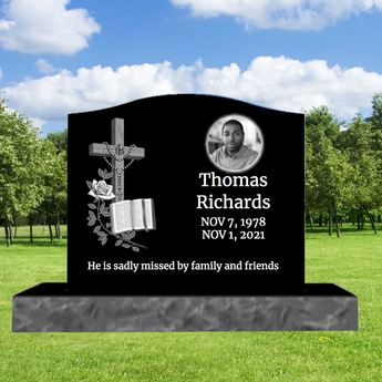 Single Black Granite Headstone (Designs Left)  ~  24-inch Top 34-inch Base