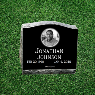 Black Granite Slant Headstone Marker with a person's headshot photo, name, birth date, death date and epitaph.