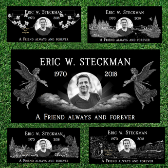 Collage Grass Level Portrait Black Granite Single Headstone 24x12x4