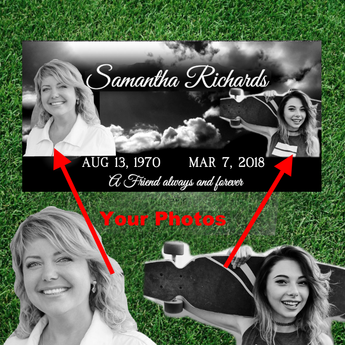 black granite headstone with two headshot photos laying on a cloud background. Name, dates and epitaph. 