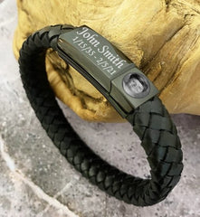 Braided Leather Engraved Cremation Bracelet