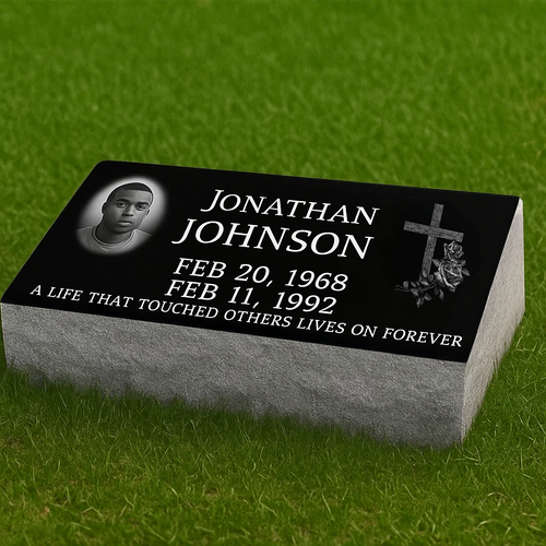 Single Black Granite Pillow Marker Headstone - Free Photo / 20" x 10" x 6"