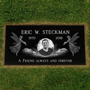 Collage Grass Level Portrait Black Granite Single Headstone / 24x12x4