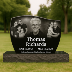 Single Heavenly French Curve Black Granite Headstone | 30