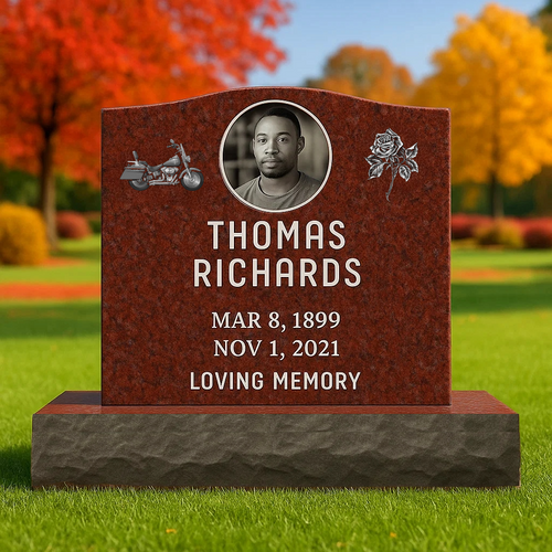 Red Single Upright Headstone Monument / Top 24" x 6" x 20", Base 34" x 12" x 6"