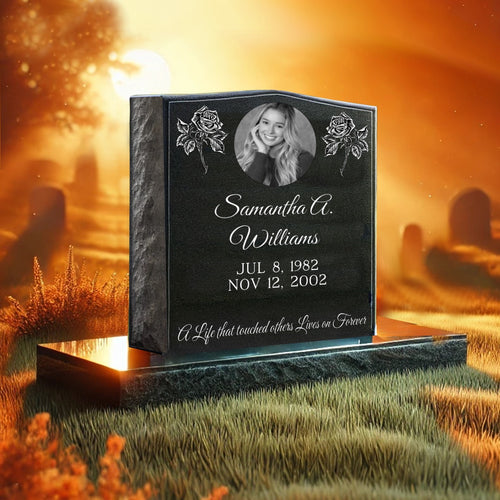 30% OFF! Black Granite Single Headstone / Top 20" x 6" x 20", Base 30" x 12" x 6"