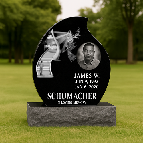 Black Granite Single Teardrop Headstone | Custom Upright Memorial Monument | 30" x 28"