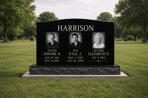 3 Person | Black Granite Upright Headstone | Custom  Memorial | 42" x 22" Top, 54" Base