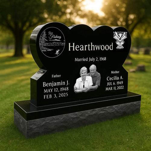 Two Hearts Forever: Black Granite Companion Memorial - Double Heart Design / Top: 36" x 24", Base: 46" x 12"