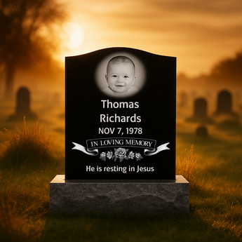 Black Granite Infant Monument Single Headstone / 14"x4"x16" Base 18"x6"x4"