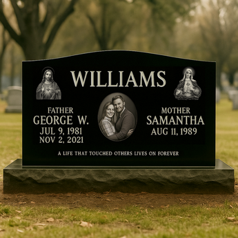 **FLASH SALE** Companion Black Granite Headstone (Corner Designs) double / Top 36"x6"x20" Base 46"x12"x6"