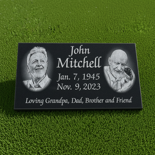 Your Photos Included | Black Granite Portrait Single Headstone / 24" x 12"