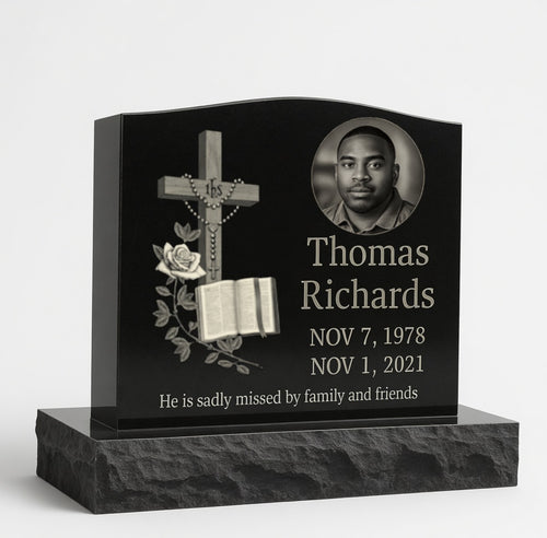 Single Black Granite Upright Headstone with Left Design | Custom Memorial Monument | 24" Top, 34" Base