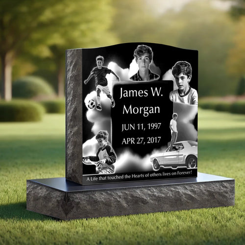 Legacy Photo Collage Single Memorial - Black Granite with Heavenly Cloud Design / 20"x 6"x 18"