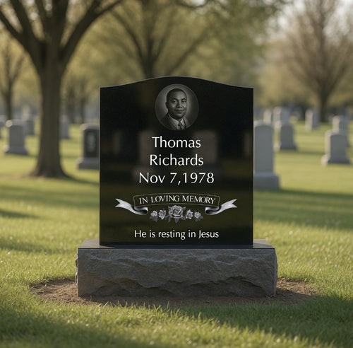 Black Granite Small Monument Single Headstone  / Top 14" x 4" x 16", Base 18" x 6" x 4"