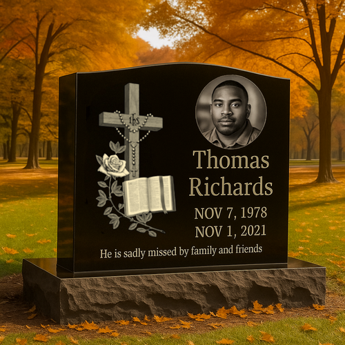 Single Black Granite Headstone (Left Design)  /  24" Top, 34" Base