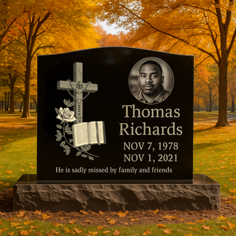 Single Black Granite Headstone (Designs Left)  /  24-inch Top 34-inch Base