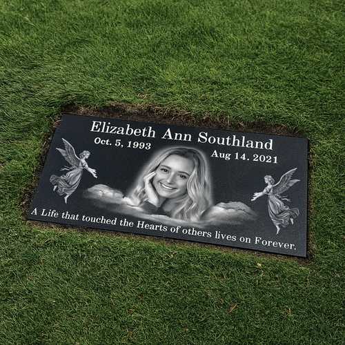 Welcoming Angels Black Granite Single Headstone / 24" x 12" x 4"