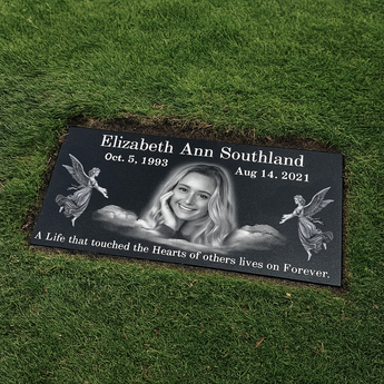Welcoming Angels Black Granite Single Headstone /  24x12x4