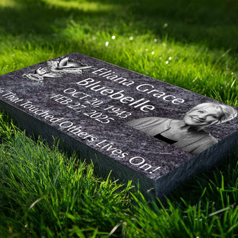 Premium Bahama Blue Memorial Stone | 24"×12" Elegant Granite Headstone with Complimentary Portrait Engraving