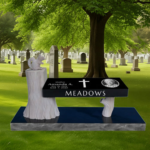 Single | Whispering Woods Hand-carved Memorial Bench Headstone 21x10x3 bench | 36x12x4 base