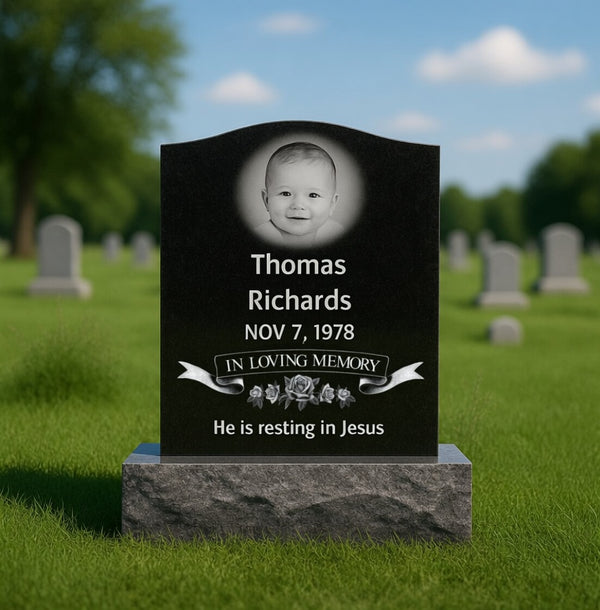 Infant Headstone - Black Granite / 14" x 4" x 16", Base 18" x 6" x 4"