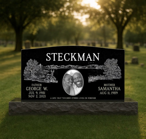 Companion Black Granite Scenery Headstone / Top 36" x 6" x 20", Base 46" x 12" x 6"