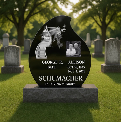 Black Granite Companion Tear Drop Headstone / 30x6x28 double