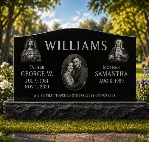 FLASH SALE! Companion Black Granite Headstone (Corner Designs) / Top 36" x 6" x 20", Base 46" x 12" x 6"