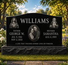 Companion Black Granite Photo Headstone with Corner Design | Double Upright Memorial | 36
