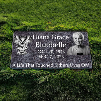 Premium Bahama Blue Memorial Stone | 24"×12" Elegant Granite Headstone with Complimentary Portrait Engraving