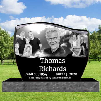 Heavenly French Curve black granite headstone with a formal group photo, headshot photo, and informal photo. Below is a name, birth date and death date and epitaph.