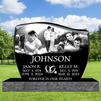 3 images of a couple on a french curve headstone with their last name centered, name, dates and "Forever in our hearts"