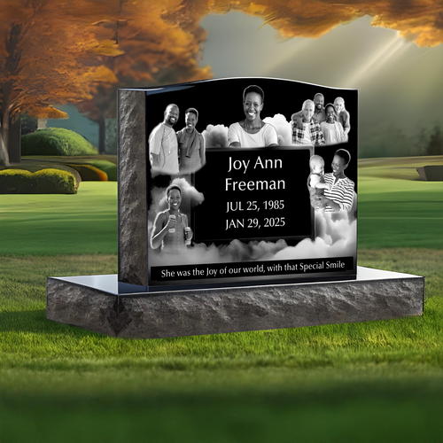"Heavenly Cloud" Large Collage Single Headstone - Elegant Black Granite Photo Memorial / 24" x 6" x 20"