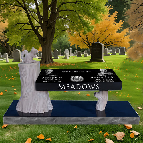 Whispering Woods Hand-carved companion Memorial Bench Headstone / Seat: 30" x 12" x 4" Base: 48" x 14" x 4" Pedestal: 12" x 12" x 15"