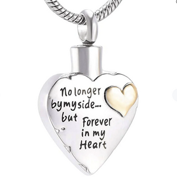 Silver-tone Cremation Heart Photo Necklace that reads no long by my side.. but forever in my heart