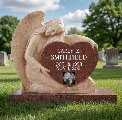 Ruby Red Granite Angel Heart Headstone Ceramic Photo