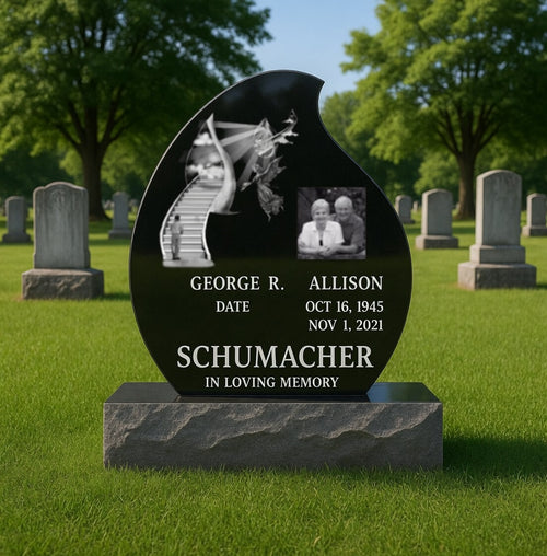 Black Granite Companion Teardrop Headstone | Custom Double Upright Memorial Monument | 30" x 28"