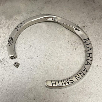 Stainless steel Twisted Cremation Bangle with a year and name engraving