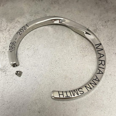 Stainless steel Twisted Cremation Bangle with a year and name engraving