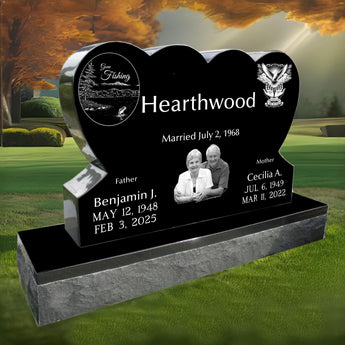 Two Hearts forever: Black Granite Companion Memorial with Double Heart Design 36x6x24