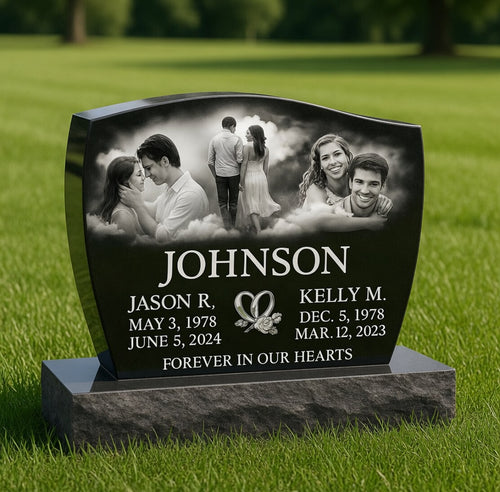Companion Heavenly French Curve Black Granite Headstone | 30" x 24" Upright Memorial with 40" Base