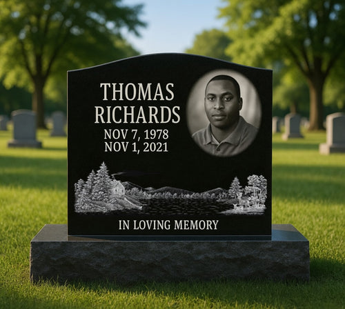 Single Black Granite Headstone, Scenery Design / Top 20" x 6" x 18", Base 30" x 12" x 6"