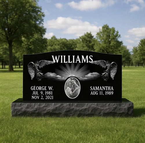 Companion Black Granite Scenery Headstone / Top 30" x 6" x 18", Base 40" x 12" x 6"